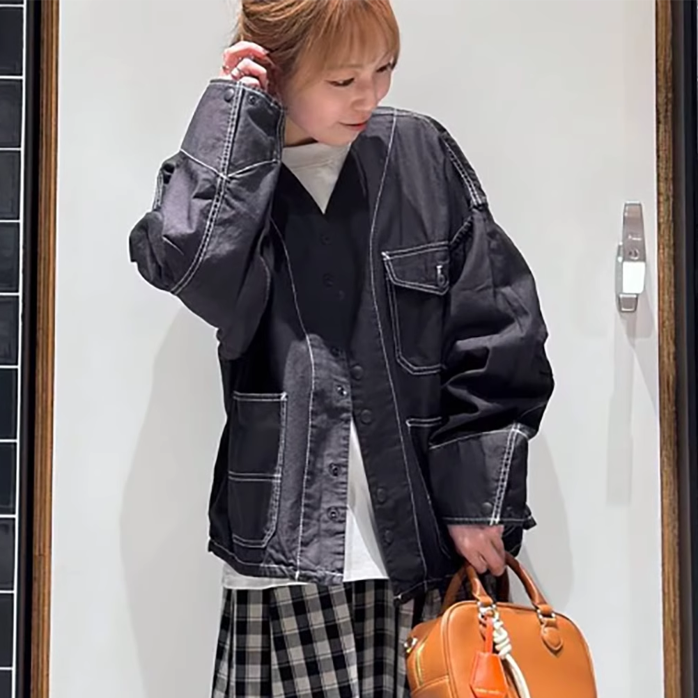 日系25秋冬新品niko明线大口袋V领单排扣长袖外套百搭上衣女