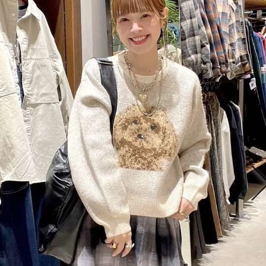 日系25秋冬新品妮蔻提花狗狗针织毛衣百搭保暖上衣女