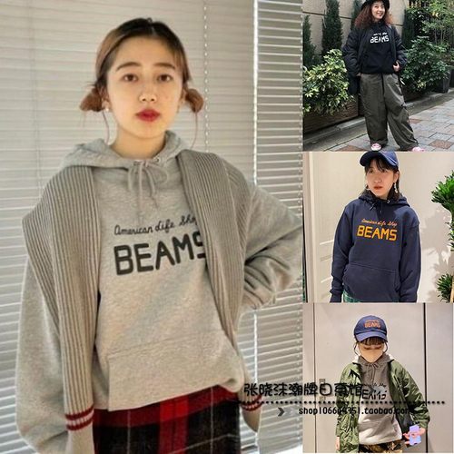 beams印字母棉日系连帽卫衣情侣