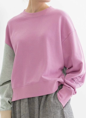 日系25秋冬新品撞色拼接袖字母印花毛圈棉圆领卫衣百搭上衣女nop