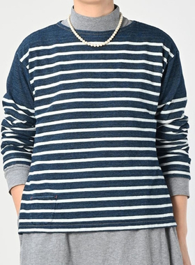 日系新品下摆开叉小口袋撞色条纹靛蓝长袖T恤百搭上衣女Ctrl C 45