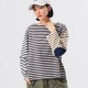 补丁长袖 日系新品 beamsboy撞色拼接条纹袖 T恤百搭上衣女