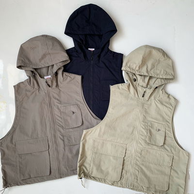 日系新品danton多口袋连帽拉链叠穿无袖马甲外套女