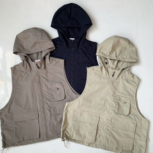 日系新品danton多口袋连帽拉链叠穿无袖马甲外套女