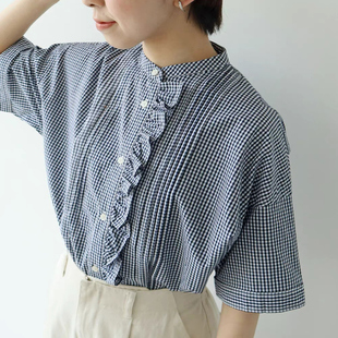 日系25夏新品 上衣女 甜美A社木耳边格子短袖 衬衫