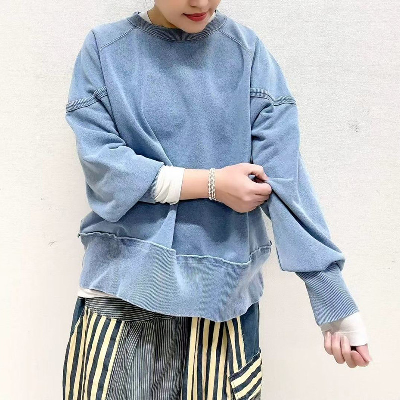 日系新品百搭插肩袖纯色针织牛仔圆领卫衣百搭宽松上衣女