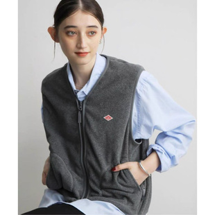 日系新品danton刺绣字母V领拉链摇粒绒无袖外套叠穿马甲女
