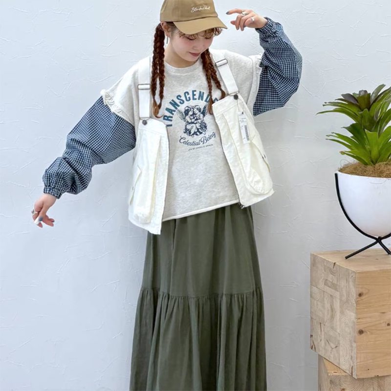 日系木耳袖拼接格子胸前字母印花圆领卫衣百搭上衣女