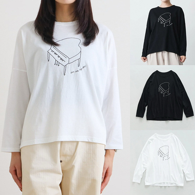 日系秋冬新品CC45竹节棉钢琴刺绣长袖T恤百搭上衣女