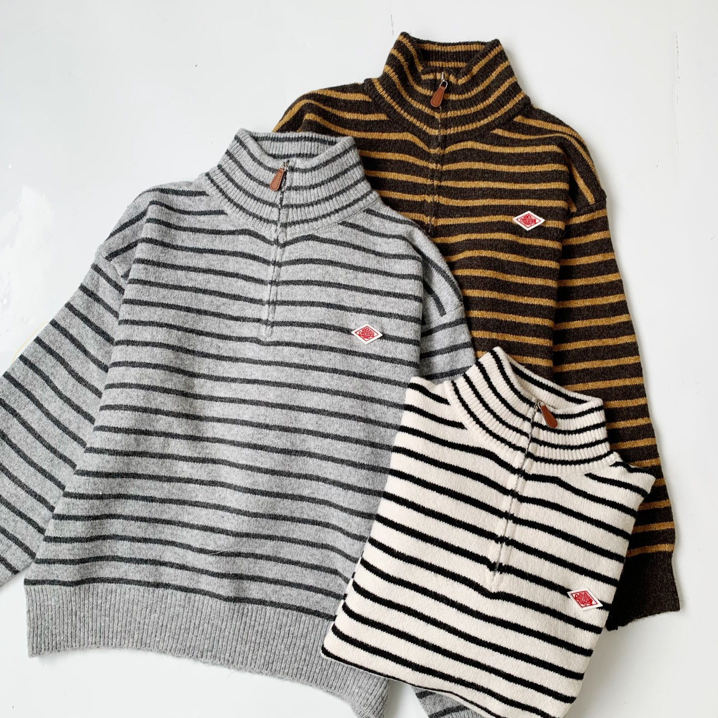 日系25秋冬新品dan半高领拉链撞色条纹ton针织毛衣百搭上衣女