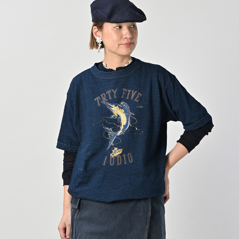 日系25新品胸前字母彩色鱼字母印花靛蓝短袖T恤百搭上衣女