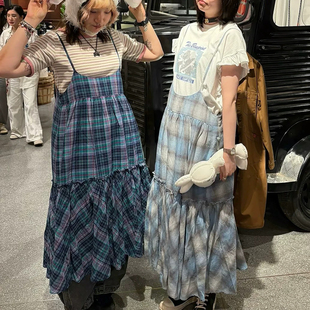 日系甜美妮蔻大裙摆撞色格纹叠穿吊带连衣裙女