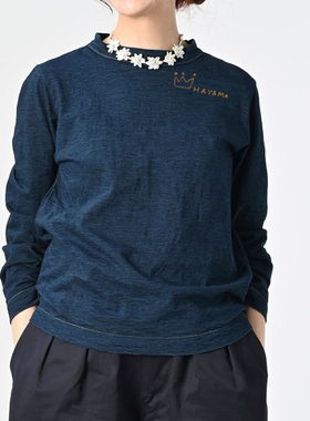 日系新品刺绣皇冠字母靛蓝竹节棉长袖T恤百搭宽松上衣Ctrl C 45r
