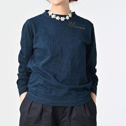 日系新品刺绣皇冠字母靛蓝竹节棉长袖T恤百搭宽松上衣Ctrl C 45r