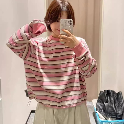 张晓沫日系秋新品刺绣猫咪下摆抽绳条纹条纹长袖T恤百搭上衣