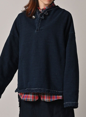 日系新品1粒扣彩绳靛蓝加绒圆领卫衣百搭上衣女Ctrl C 45r