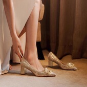 订婚鞋 禾秀主婚纱两穿新娘水晶高跟鞋 女2025新款 不累脚粗跟伴娘鞋