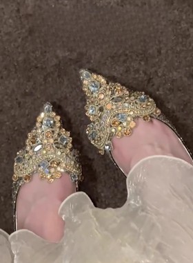 法式秀禾主婚纱高跟鞋低跟水晶鞋