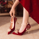 红色婚鞋女细跟新款秀禾婚纱两穿新娘一字带订婚高跟鞋孕妇不累脚