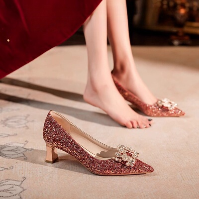 秀禾鞋婚鞋法式订婚鞋红色高跟鞋