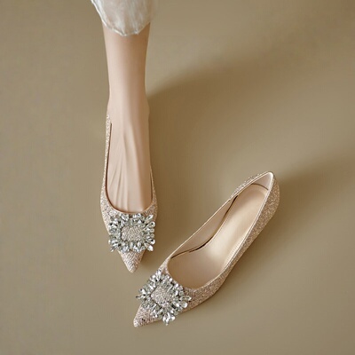 法式水钻方扣尖头单鞋女名媛千金风绝美水晶鞋秀禾主婚纱两穿婚鞋