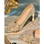 女秀禾主婚纱新娘高跟鞋 2025新款 仙女风水晶鞋 粗跟婚鞋 宴会礼服鞋