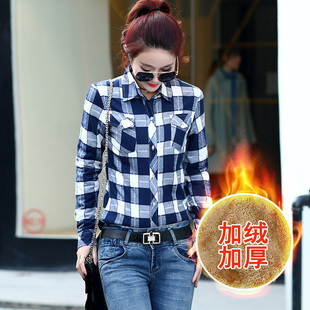 格子保暖衬衫 女装 女长袖 打底大码 衬衣 秋冬加绒加厚韩范修身 小款