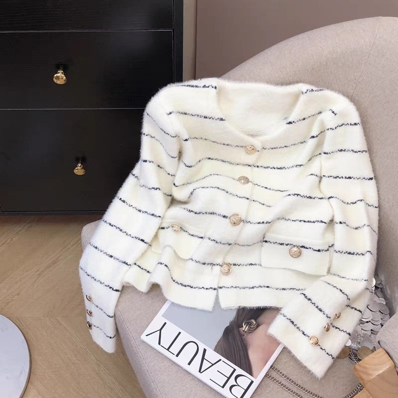 Emily Clud小香风仿貂绒短外套女秋冬条纹针织开衫上衣