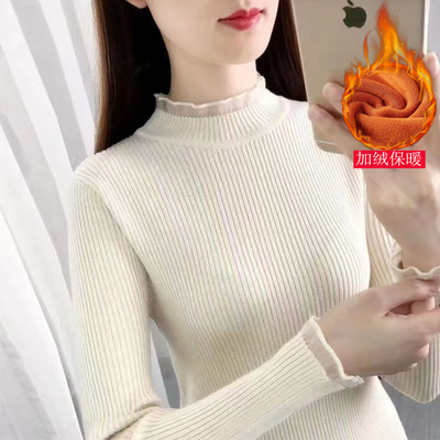 加绒加厚打底衫女半高领毛衣2025秋冬新款修身内搭上衣蕾丝针织衫
