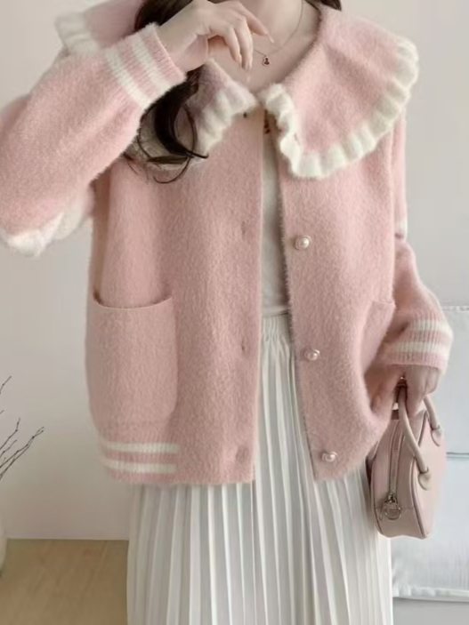 2025秋冬新款韩版宽松显瘦百搭娃娃领针织开衫女毛衣外套上衣