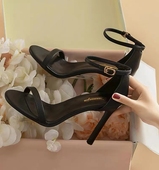 鞋 烟花百丽真皮凉鞋 韩版 露趾一字扣带黑色高跟正装 女2025夏季 新款