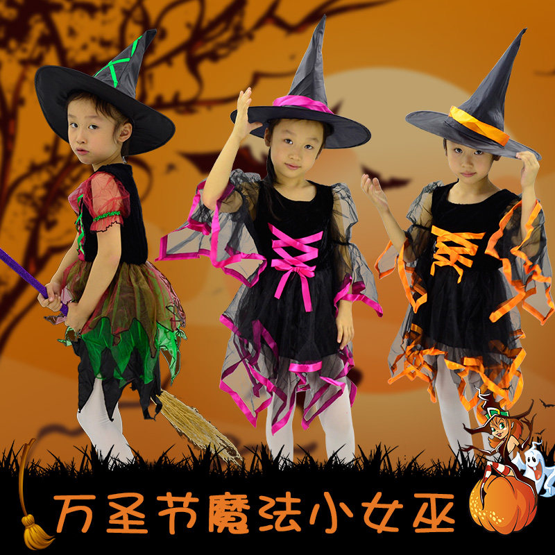 万圣节儿童服装女孩巫婆裙子女童cosplay扮演衣服帽子套装演出服