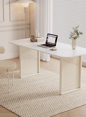 法式奶油风白色简约书桌办公桌家用写字桌子岩板书房学习桌电脑桌
