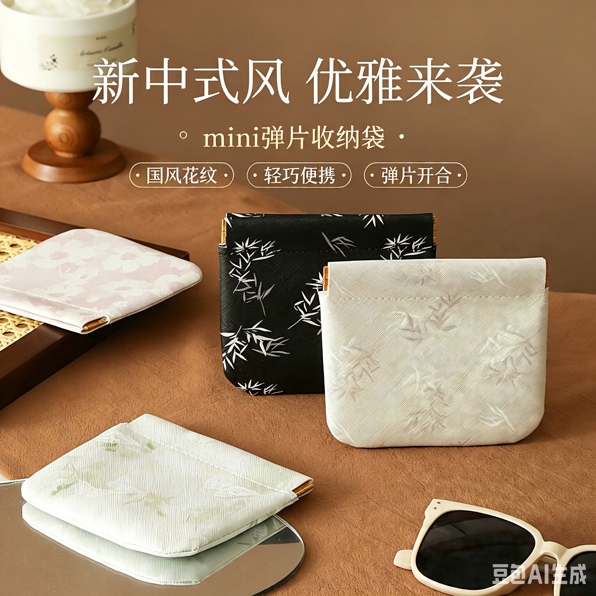 新中式弹片收纳包口红钥匙数据线化妆袋零钱里面小包便携包内包包