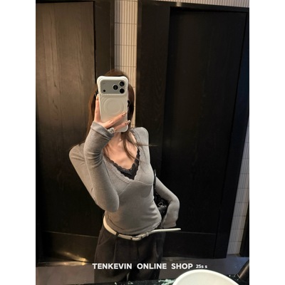 心动signal假两件蕾丝V领长袖T恤