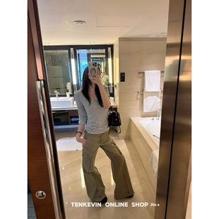 十一石 日常爱穿!正肩天丝条纹T恤女修身显瘦圆领中袖打底衫