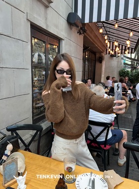 十一石 迷人秋日！慵懒一字肩毛衣女小个子套头短款长袖针织衫ll