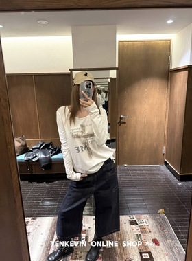 十一石 松弛入秋 复古印花磨毛T恤女小个子宽松显瘦长袖打底衫ll