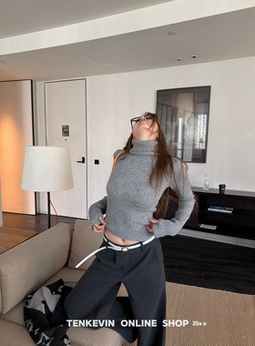 十一石 灰色特调!高领毛衣针织衫女收腰显瘦长袖短款上衣打底衫