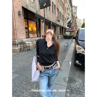 十一石 高智日常！polo领短款针织衫女小个子宽松显瘦套头毛衣