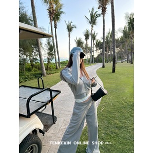 十一石 拉链长袖短款连帽卫衣宽松显瘦直筒阔腿卫裤女休闲套装II