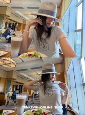十一石 加州来信 美式印花短袖T恤女短款宽松显瘦圆领套头上衣夏