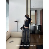 不挑腿型 竖竹纹微喇牛仔裤 女小个子修身 十一石 显瘦直筒休闲裤