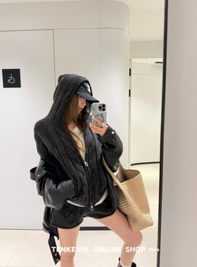 十一石坑条麻花连帽拉链毛衣开衫外套女宽松休闲针织短裤两件套ll