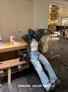 十一石 新晋裤王！磨破明线绣花牛仔裤女小个子低腰直筒阔腿裤ll