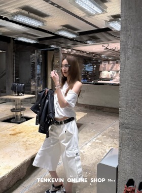 十一石 松弛老钱风 全棉大口袋阔腿七分工装裤女小个子宽松休闲裤
