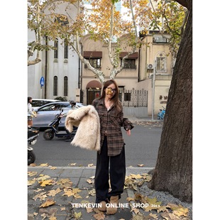 十一石 定格慵懒!拼接格子衬衫外套女小个子宽松显瘦长袖上衣