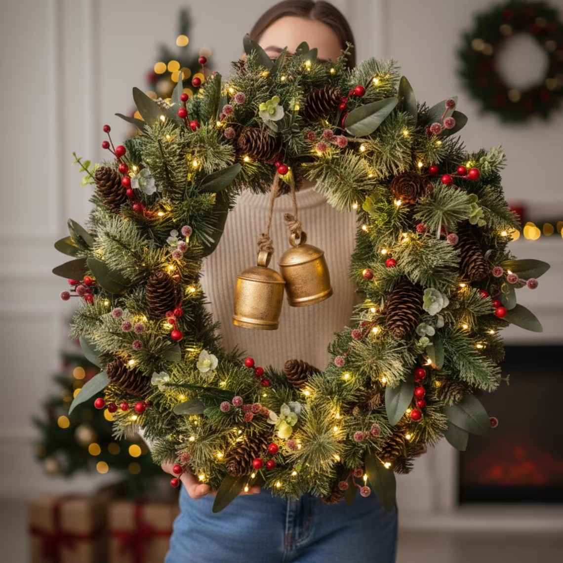 圣诞装饰花环门挂壁挂50/60/80cm藤圈藤条楼梯复古铃铛花环蝴蝶结