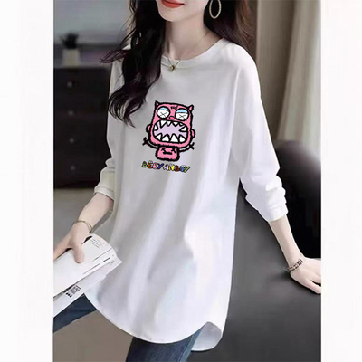 纯棉圆领长袖T恤女2026新款洋气宽松设计感打底衫中长款开叉上衣