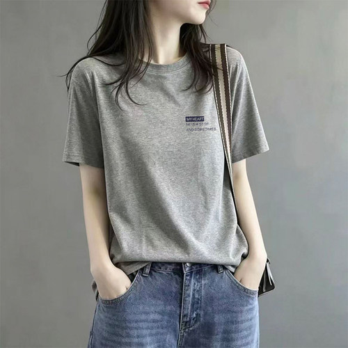 浅灰色纯棉圆领短袖t恤女夏季新款简约百搭大码宽松显瘦半袖上衣